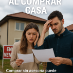Pareja confundida revisando documentos frente a una casa en venta, representando errores comunes al comprar vivienda.