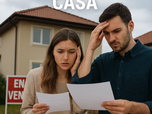 Pareja confundida revisando documentos frente a una casa en venta, representando errores comunes al comprar vivienda.