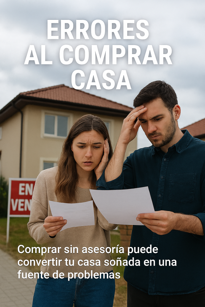 Pareja confundida revisando documentos frente a una casa en venta, representando errores comunes al comprar vivienda.