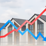 Gráfico de precios de la vivienda con tendencia variable sobre fondo de casas modernas