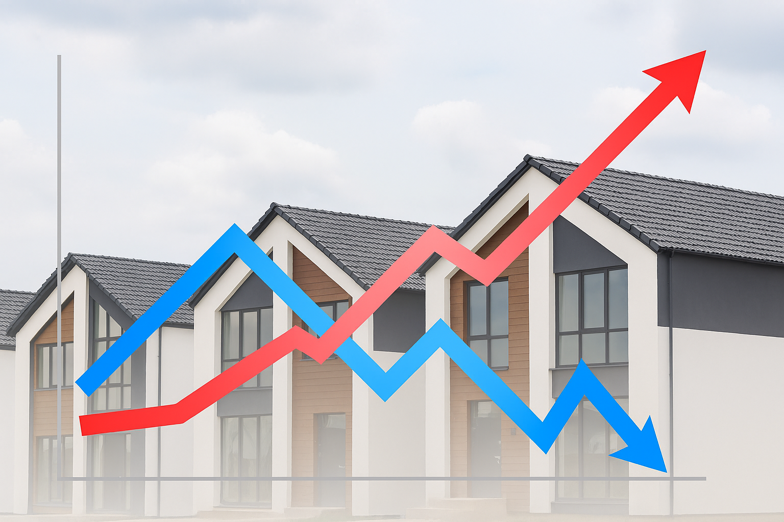 Gráfico de precios de la vivienda con tendencia variable sobre fondo de casas modernas