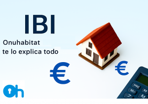 Casa modelo sobre documento fiscal con la palabra IBI, símbolo del euro
