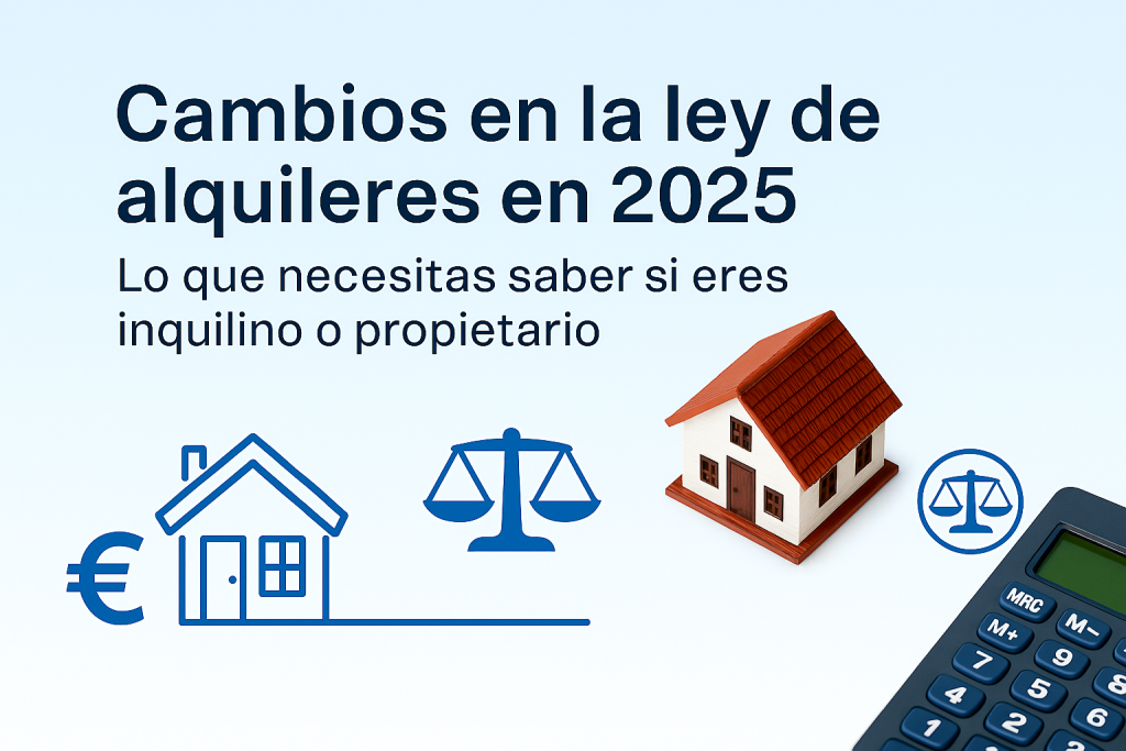Imagen sobre cambios en la ley de alquileres en España en 2025, con iconos azules de casa, euro y justicia