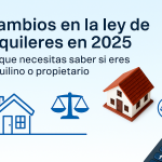 Imagen sobre cambios en la ley de alquileres en España en 2025, con iconos azules de casa, euro y justicia