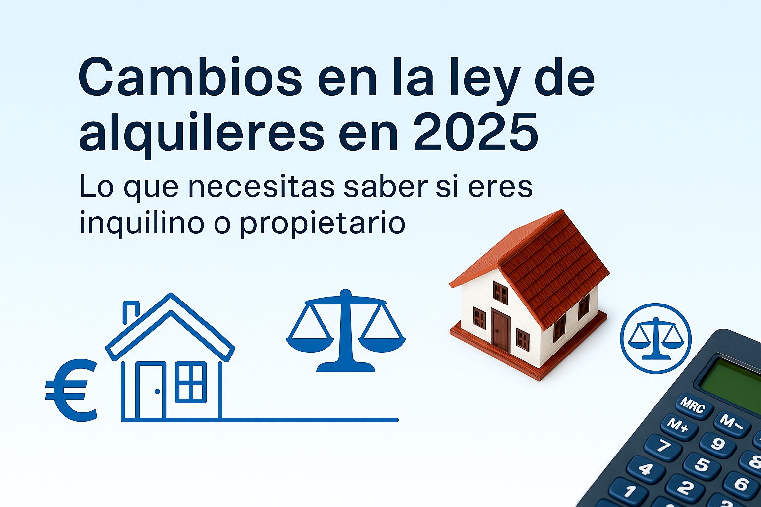 Imagen sobre cambios en la ley de alquileres en España en 2025, con iconos azules de casa, euro y justicia