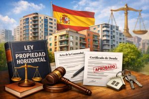 Ilustración sobre la Ley de Propiedad Horizontal en España con edificios residenciales, libro legal, documentos de comunidad, mazo judicial y símbolo de justicia.