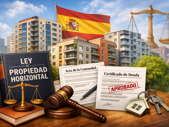 Ilustración sobre la Ley de Propiedad Horizontal en España con edificios residenciales, libro legal, documentos de comunidad, mazo judicial y símbolo de justicia.