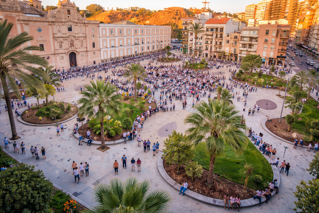 Vista aérea de la Plaza de la Merced en Huelva, con zonas ajardinadas, palmeras y personas paseando en un entorno urbano.
