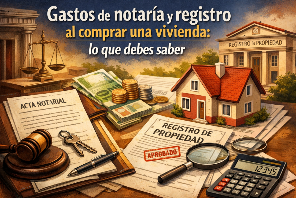 Gastos de notaría y registro al comprar una vivienda en España, con documentos oficiales, una casa y dinero representando los costes de la compraventa.