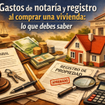 Gastos de notaría y registro al comprar una vivienda en España, con documentos oficiales, una casa y dinero representando los costes de la compraventa.