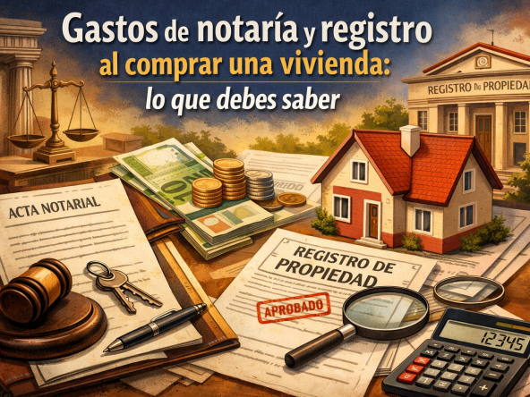 Gastos de notaría y registro al comprar una vivienda en España, con documentos oficiales, una casa y dinero representando los costes de la compraventa.