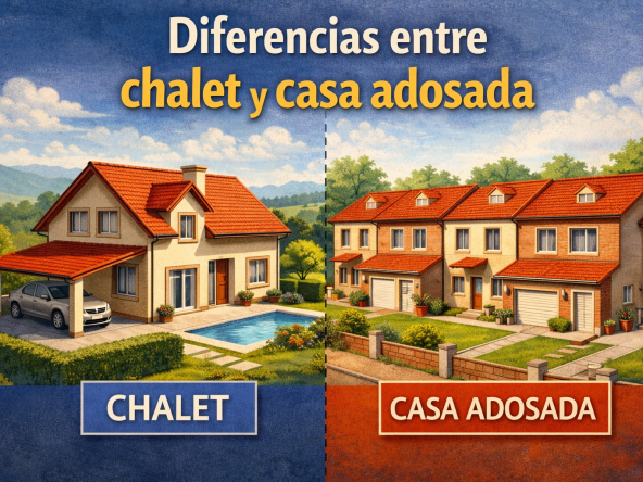 Comparativa visual entre un chalet independiente y una casa adosada, mostrando sus principales diferencias en espacio, privacidad y diseño.