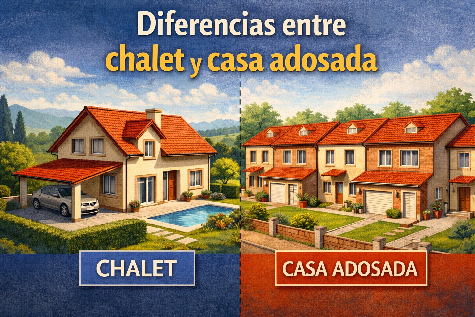 Comparativa visual entre un chalet independiente y una casa adosada, mostrando sus principales diferencias en espacio, privacidad y diseño.