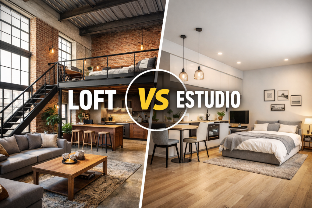 Imagen comparativa entre un loft de estilo industrial con entreplanta y un estudio moderno con distribución compacta en un solo nivel.