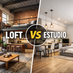 Imagen comparativa entre un loft de estilo industrial con entreplanta y un estudio moderno con distribución compacta en un solo nivel.