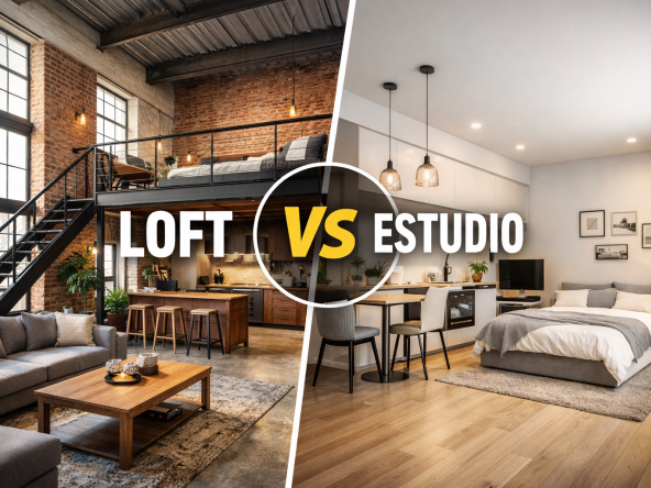 Imagen comparativa entre un loft de estilo industrial con entreplanta y un estudio moderno con distribución compacta en un solo nivel.