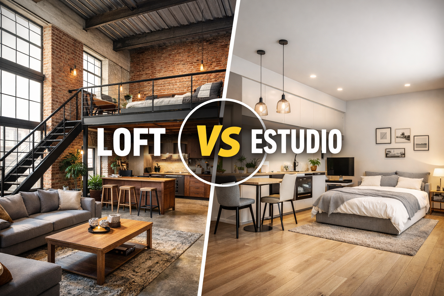 Imagen comparativa entre un loft de estilo industrial con entreplanta y un estudio moderno con distribución compacta en un solo nivel.